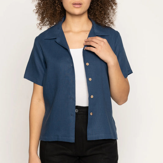 Camp Collar Shirt - French Linen Fine Canvas Blue