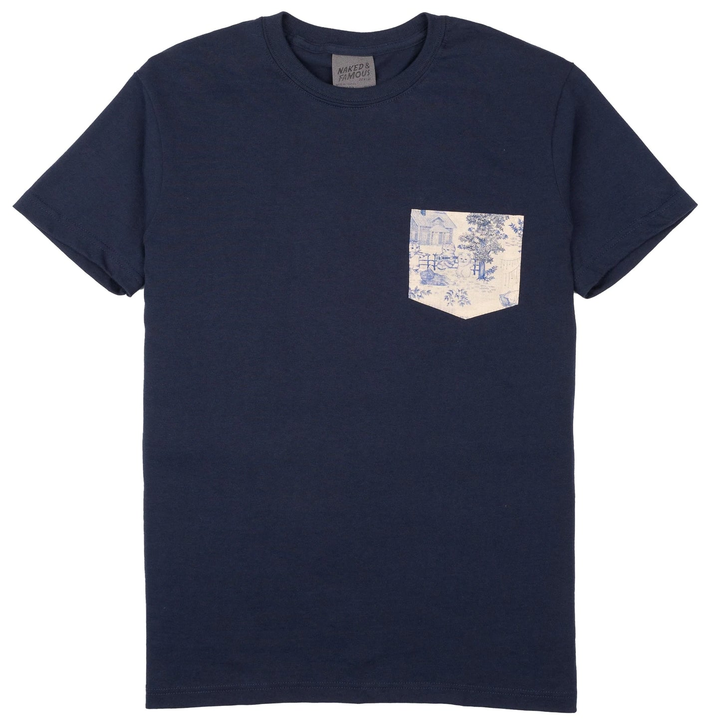 Pocket Tee - Navy - Linen Cats - Blue