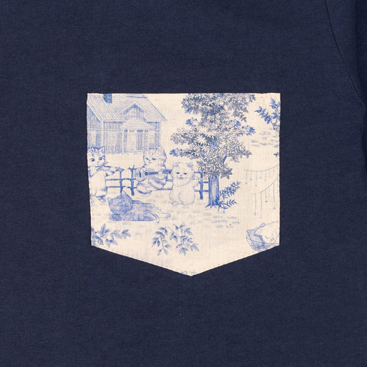 Pocket Tee - Navy - Linen Cats - Blue