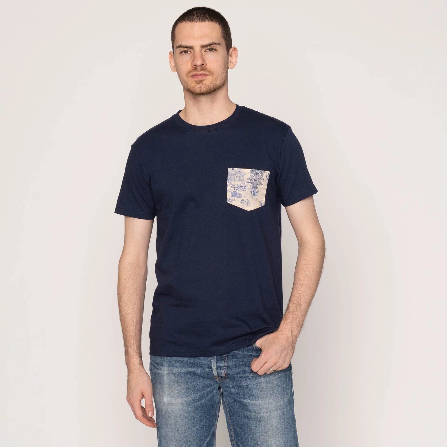 Pocket Tee - Navy - Linen Cats - Blue