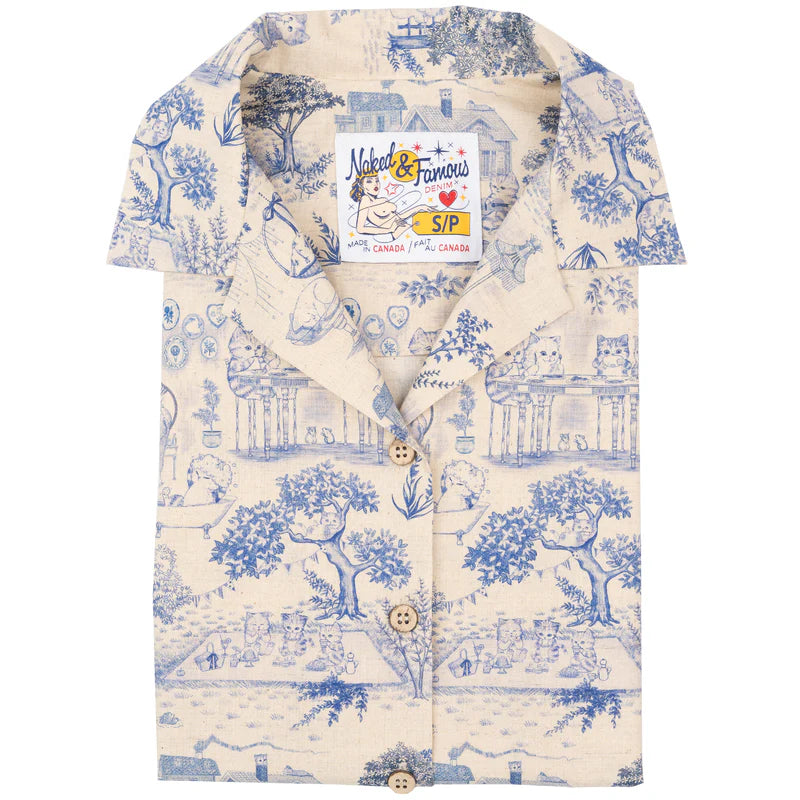 Camp Collar Shirt Linen Cats Blue