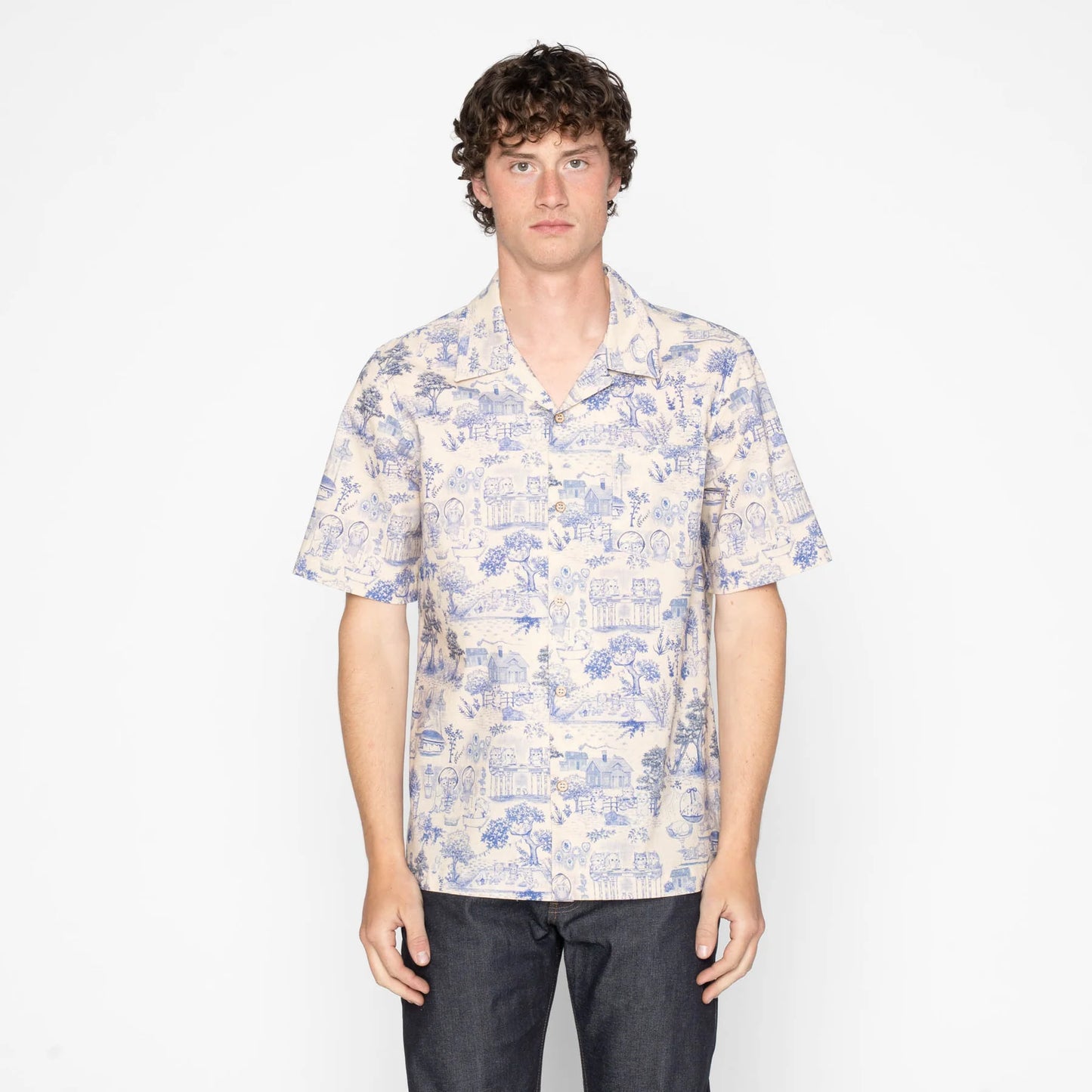 Aloha Shirt Linen Cats Blue