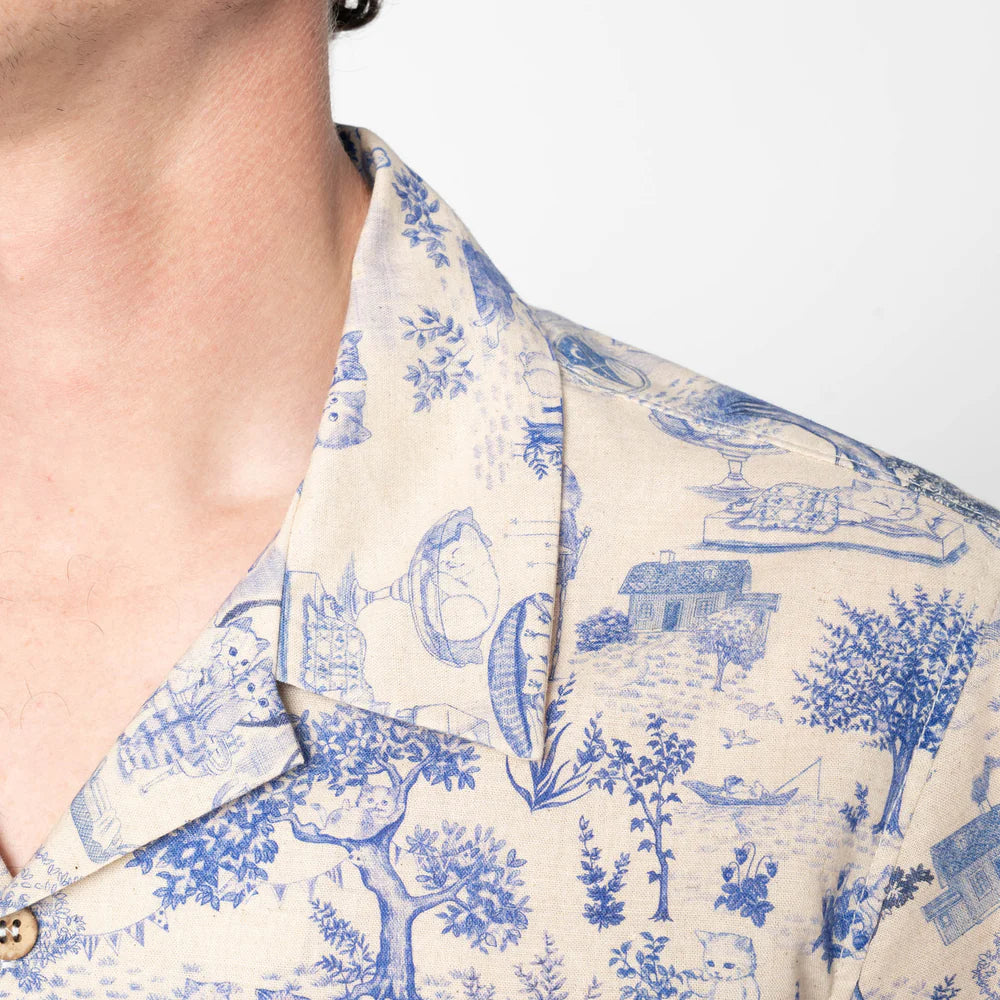 Aloha Shirt Linen Cats Blue