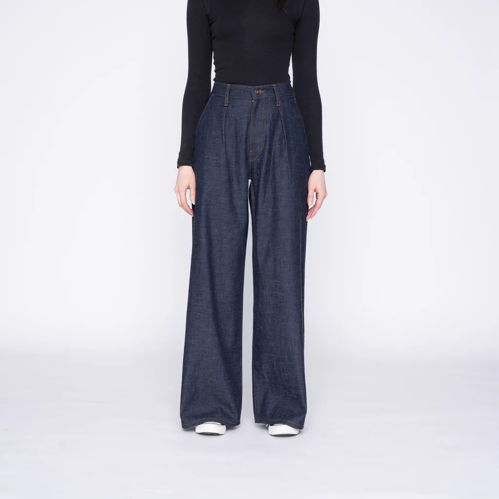 Wide Leg Trousers - Slub Nep Rinsed Denim