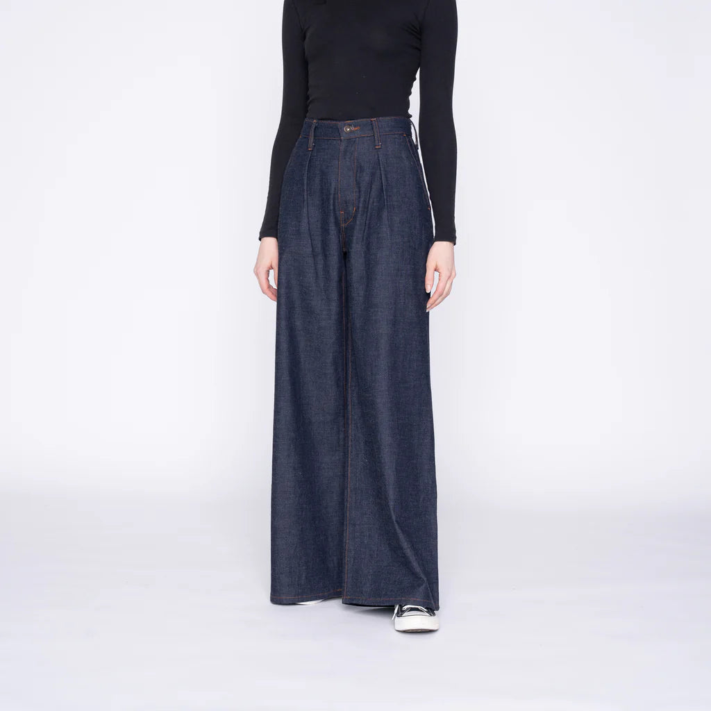 Wide Leg Trousers - Slub Nep Rinsed Denim