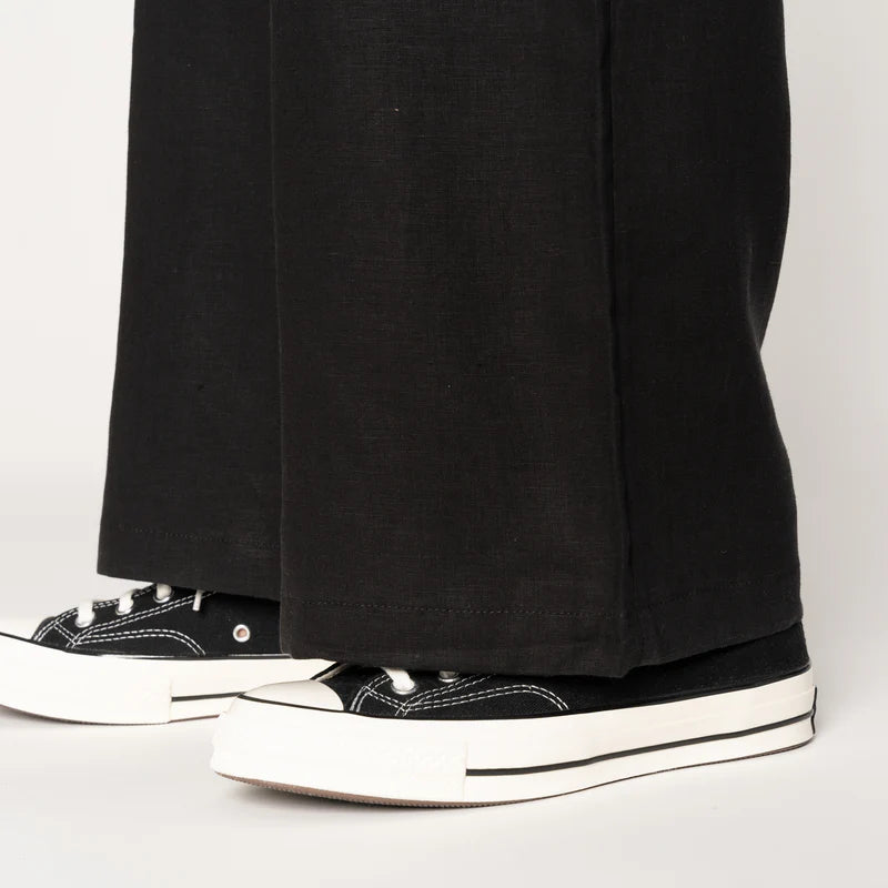 Relaxed Pleated Trouser French Linen Fine Canvas Black